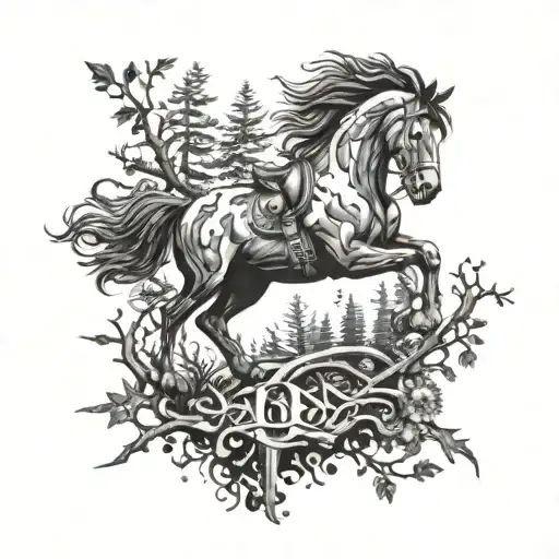An intricate design of chainsaw blades intertwined with a galloping horse silhouette in a forest setting tattoo design idea
