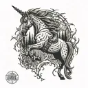 An intricate design of chainsaw blades intertwined with a galloping horse silhouette in a forest setting tattoo design idea