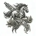 An intricate design of chainsaw blades intertwined with a galloping horse silhouette in a forest setting tattoo design idea