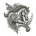 An intricate design of chainsaw blades intertwined with a galloping horse silhouette in a forest setting tattoo design idea