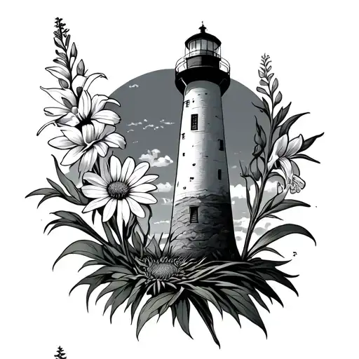 lighthouse standing tall with aster at the base larkspur on left and gladiolus on right  tattoo design idea