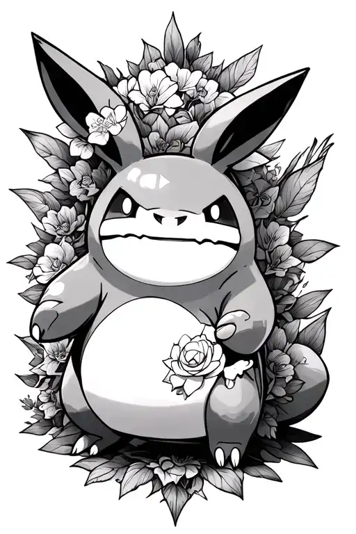 Can you generate a tattoo including snorlax, bulbasaur, squirtle, charmander, eevee and pikachu tattoo design idea