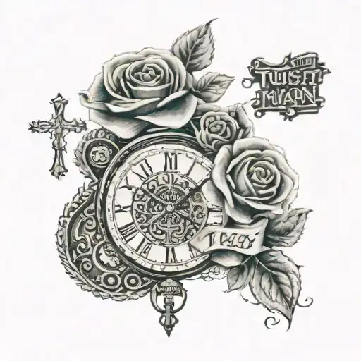 Arm sleeve with pocket watch time of 3:17am, single rose, and a cross. Quote from bible Isaiah 2:22 trust no man. Filled tattoo design idea
