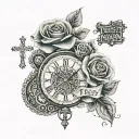 Arm sleeve with pocket watch time of 3:17am, single rose, and a cross. Quote from bible Isaiah 2:22 trust no man. Filled tattoo design idea