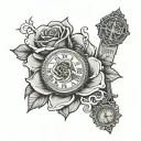 Arm sleeve with pocket watch time of 3:17am, single rose, and a cross. Quote from bible Isaiah 2:22 trust no man. Filled tattoo design idea