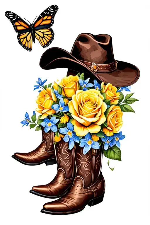 make me a tattoo sleeve with yellow roses, blue bonnets, a cowboy hat, cowboy boots, an armadillo, and a monarch butterf tattoo design idea