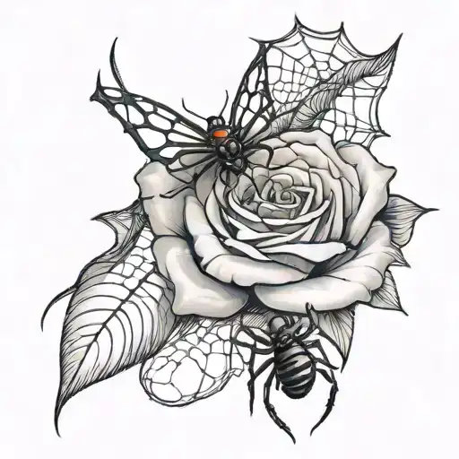 rose with black widow spider hanging from webs surrounding tattoo design idea