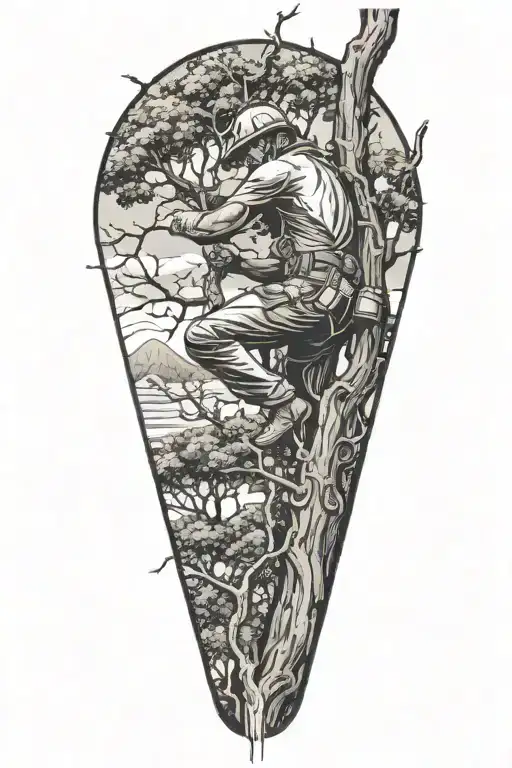 a tree surgeon climbing a tree, with a river flowing, beneath, with subtle elements of big titty women hidden beneath  tattoo design idea