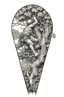 a tree surgeon climbing a tree, with a river flowing, beneath, with subtle elements of big titty women hidden beneath  tattoo design idea