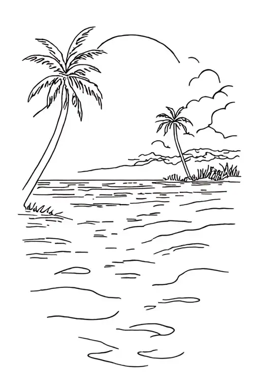 drawing of beach scene with palm tattoo design idea