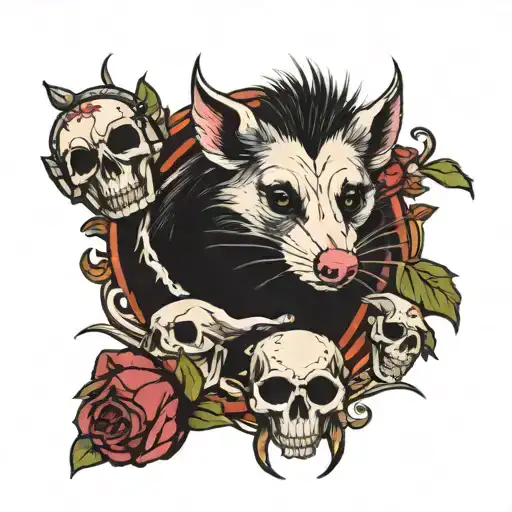 opossum king with hog skulls surrounded tattoo design idea