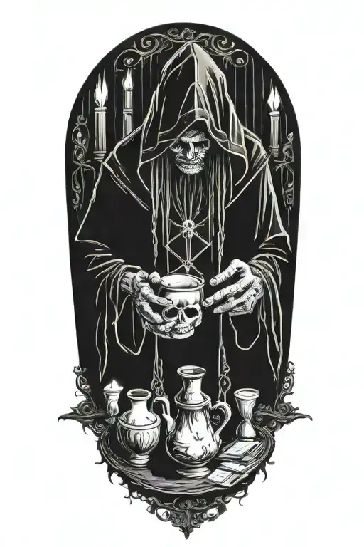 Hodded alchemist performing ritual, tarot cards, beakers, candles tattoo design idea