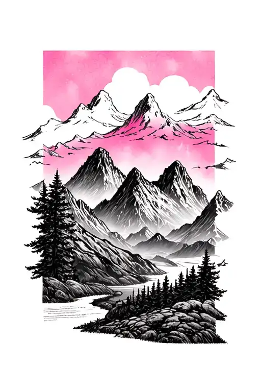 pink skies with mountains tattoo design idea