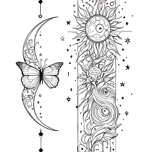 Vertical tattoo moon sun butterfly and constellation Gemini Aquarius and astrological sign Cancer tattoo design idea