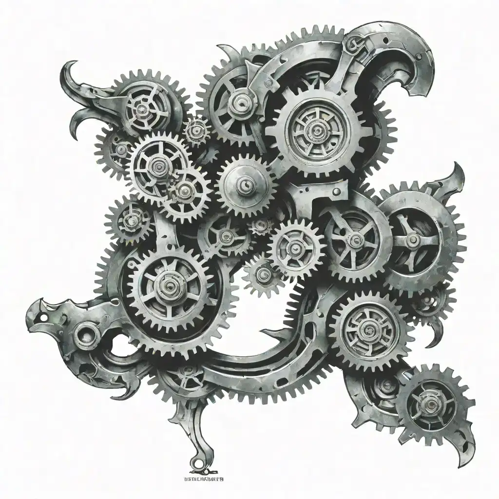 A biomechanical tattoo on the forearm, featuring intricate exposed gears, cogs, and mechanical components. The design has a 3D effect with detailed metal parts integrated into the body, giving a realistic blend of machinery and human anatomy, using dark and metallic tones. tattoo design idea
