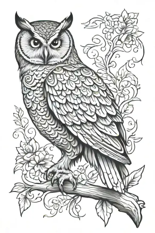 owl sitting ornemental tattoo design idea