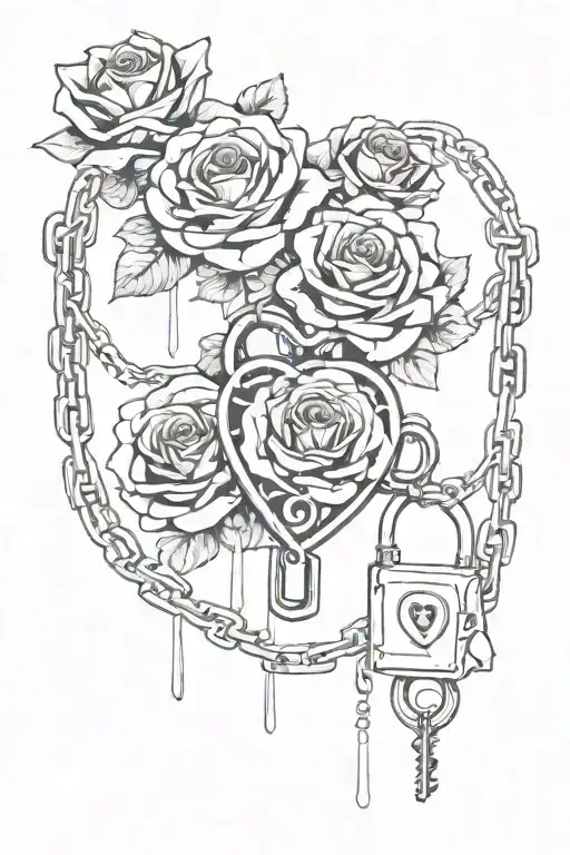 a romantic themed image with roses, chains, padlocks, keys and hearts. tattoo design idea