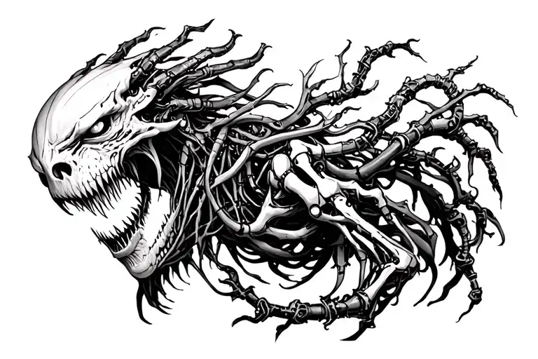 Highly detailed dark horror linework tattoo design, surreal biomechanical demon fused with human anatomy tattoo design idea