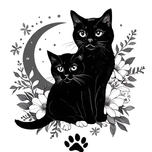 design me a 1 to 2 inch tattoo of a cat with a moon and flowers with a puppy paw print tattoo design idea