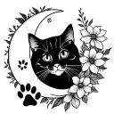 design me a 1 to 2 inch tattoo of a cat with a moon and flowers with a puppy paw print tattoo design idea