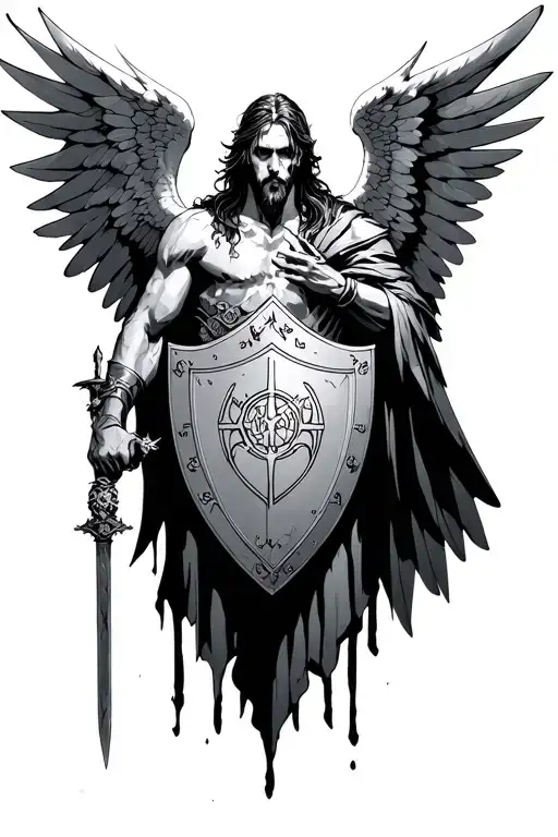 Archangel Michael gothic, like a scary movie, I want him to have a shield showing "hod" in hebrew and a sefirot tattoo design idea