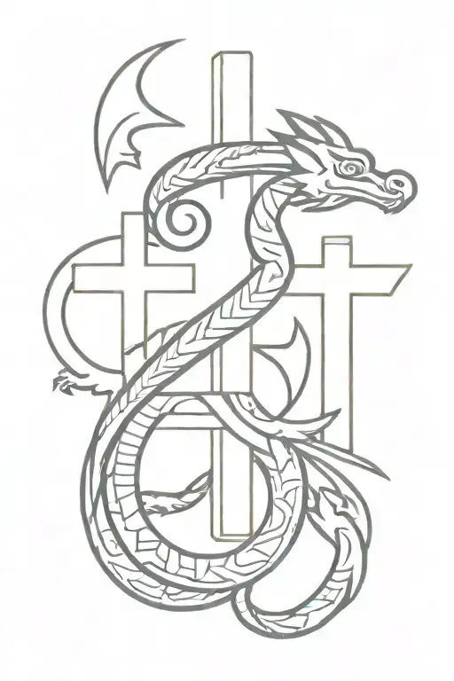 small cross with Aztec dragon wrapped tattoo design idea