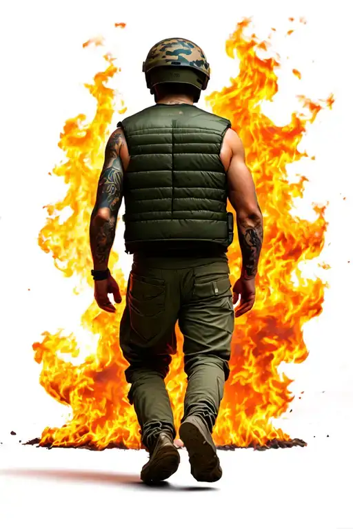 Rear view of a man walking towards flames, wearing a dark green vest and desert camo full-face helmet. tattoo design idea