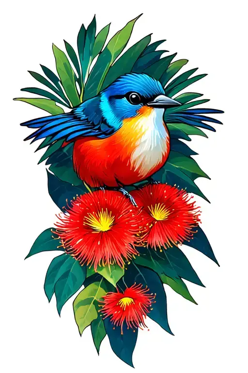 pohutukawa w fantail bird tattoo design idea