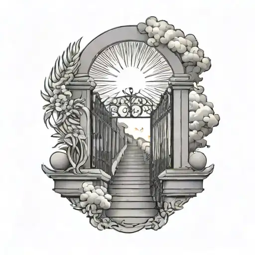 shoulder tattoo. Sun rise with gate to heaven and stairs to the gate. with words below the stairs tattoo design idea