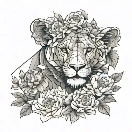 lioness surrounded peony flowers by 2 cubs with a butterfly tattoo design idea