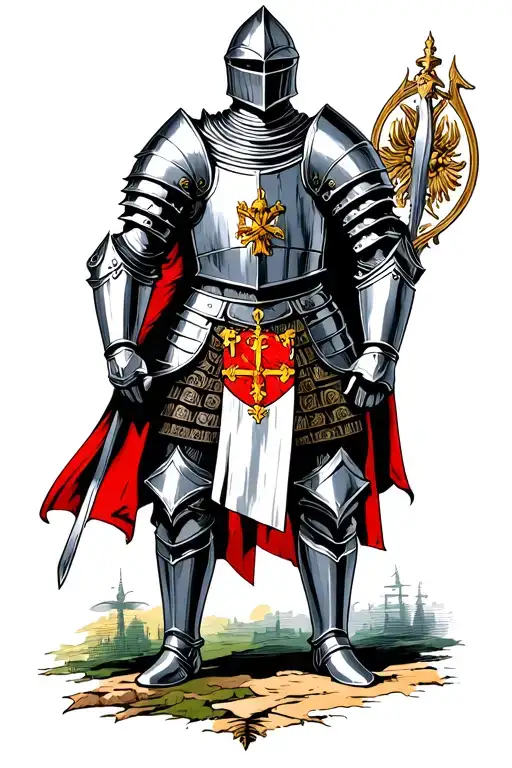 A highly detailed, heraldic-style tattoo design featuring a medieval knight in full plate armor, standing in front of a  tattoo design idea