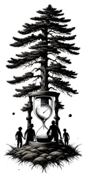 Pine forest and family tree and hour glass father with 3 kids and golf and tattoo design idea