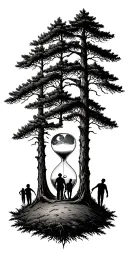 Pine forest and family tree and hour glass father with 3 kids and golf and tattoo design idea