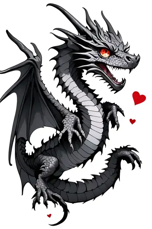 Dragon with wings and hearts in the eye realistically small tattoo design idea