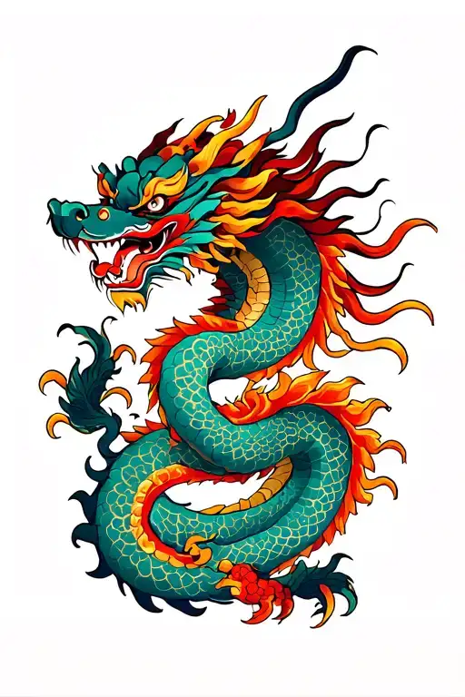 Chinese dragon with and foo dog with Chinese deities. tattoo design idea