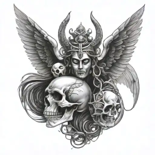 good and evil angel and devil in one entity of Lord Shiva with Holo gram skull and wings tattoo design idea