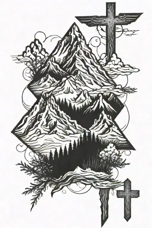 mountains and cross incorporated tattoo design idea