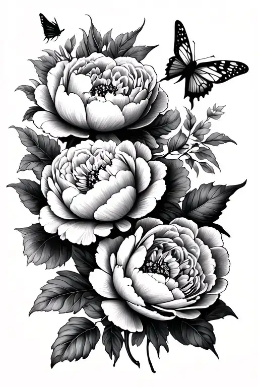 black and white neo traditional peonies with a little butterfly  tattoo design idea