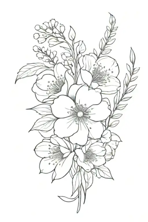 Feb and June birth flower bouquet tied tattoo design idea