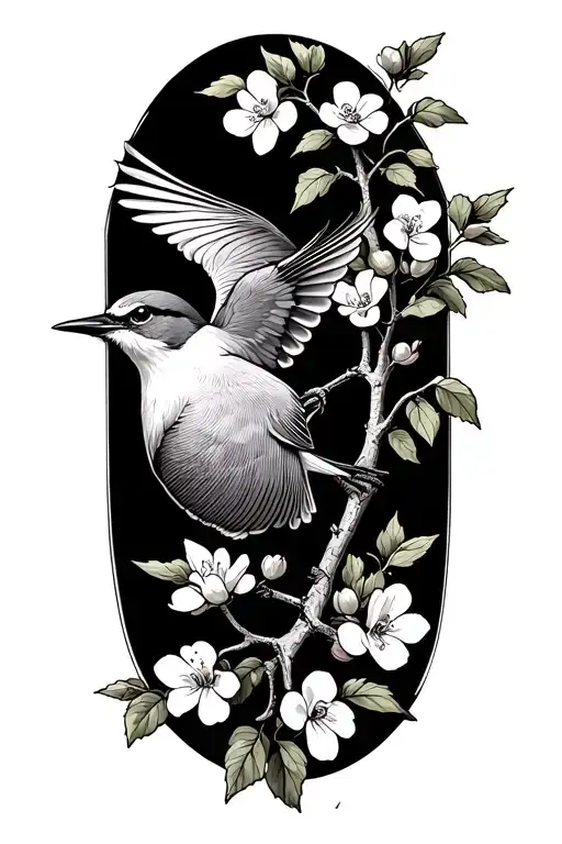 shrike bird flying towards a Hawthorne branch with flowers tattoo design idea