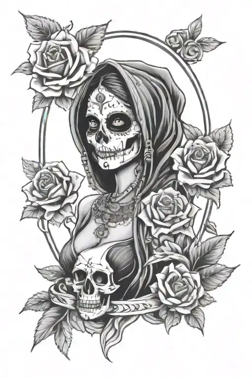 sexy santa muerte with cleavage,  skulls roses background  tattoo design idea