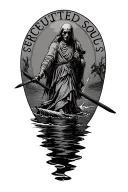 realistic Charon crossing the river sticks in the words Persecuted Souls 16:19 tattoo design idea