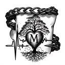 Bracelet around the wrist, heartbeat with letter M and tree of life tattoo design idea