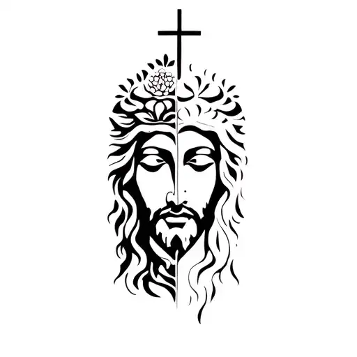 half face of Jesus half face of buddha and in middle Jesus cross  tattoo design idea