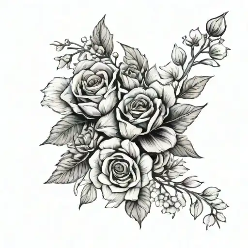 birth flower bouquet tied tattoo design idea