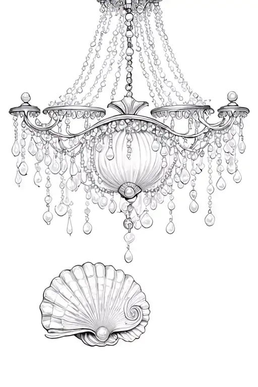 under boob chandelier with pearls and sea shells tattoo design idea