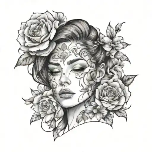 a feminin woman face, 3/4 view position, flowers on one side, black and white tattoo style, white background, detailed tattoo design idea