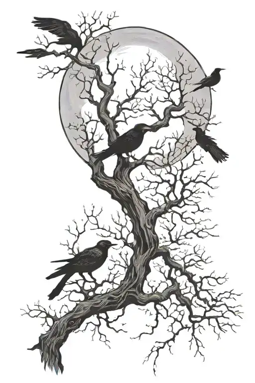 poison tree with no leaves, with moon and crows flying tattoo design idea