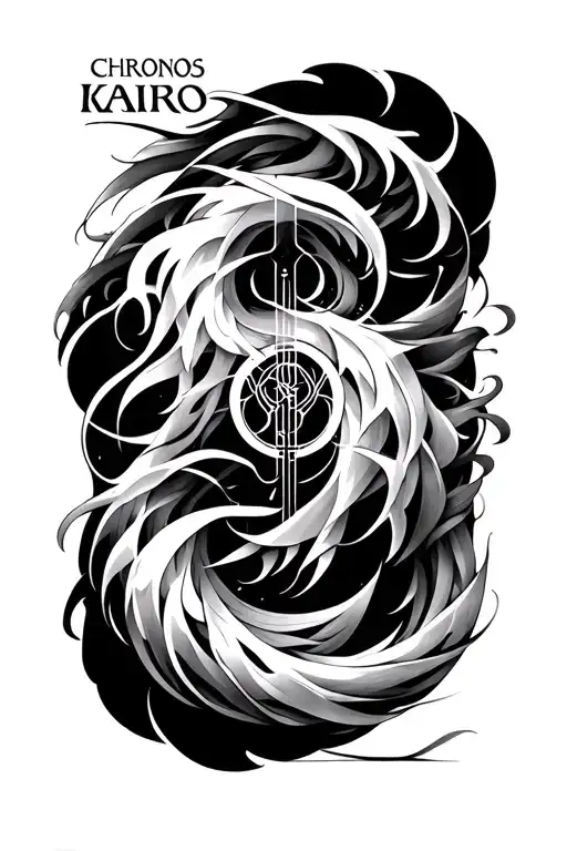 "chronos kairos" Japanese-inspired blackwork style, with symbolic elements for CHRONOS and KAIROS with dynamic waves and smoke pattern tattoo design idea
