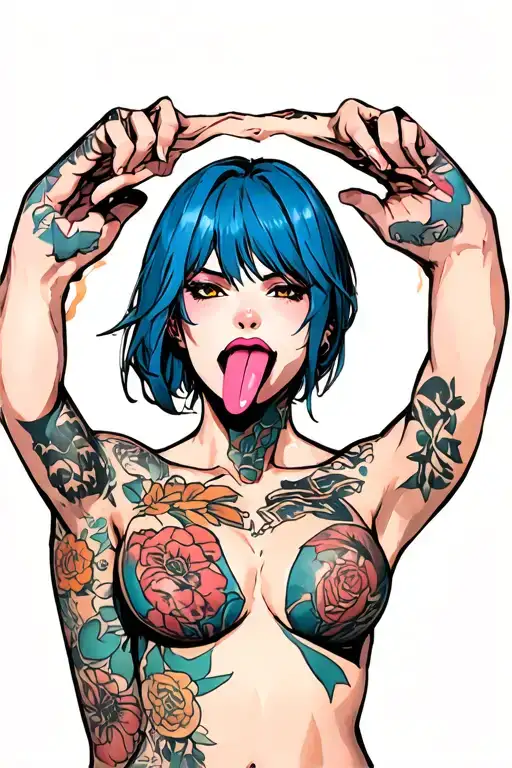 Clean,hentail,nude,bdsm,stick out tongue,nymphomaniac face,young,sexy front position,hide boobs,american plan,blue hair tattoo design idea